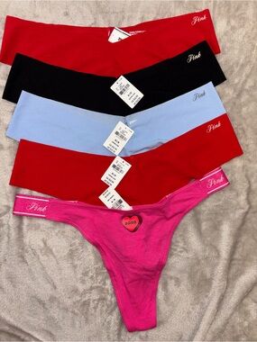 PINK Victoria's Secret Thong Set - Red, Black, Light Blue, Hot Pink